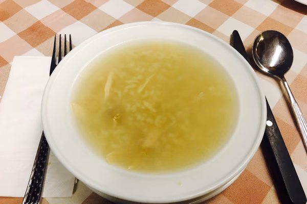 Prato fundo branco com canja de galinha, arroz e pedaços de frango desfiado no caldo