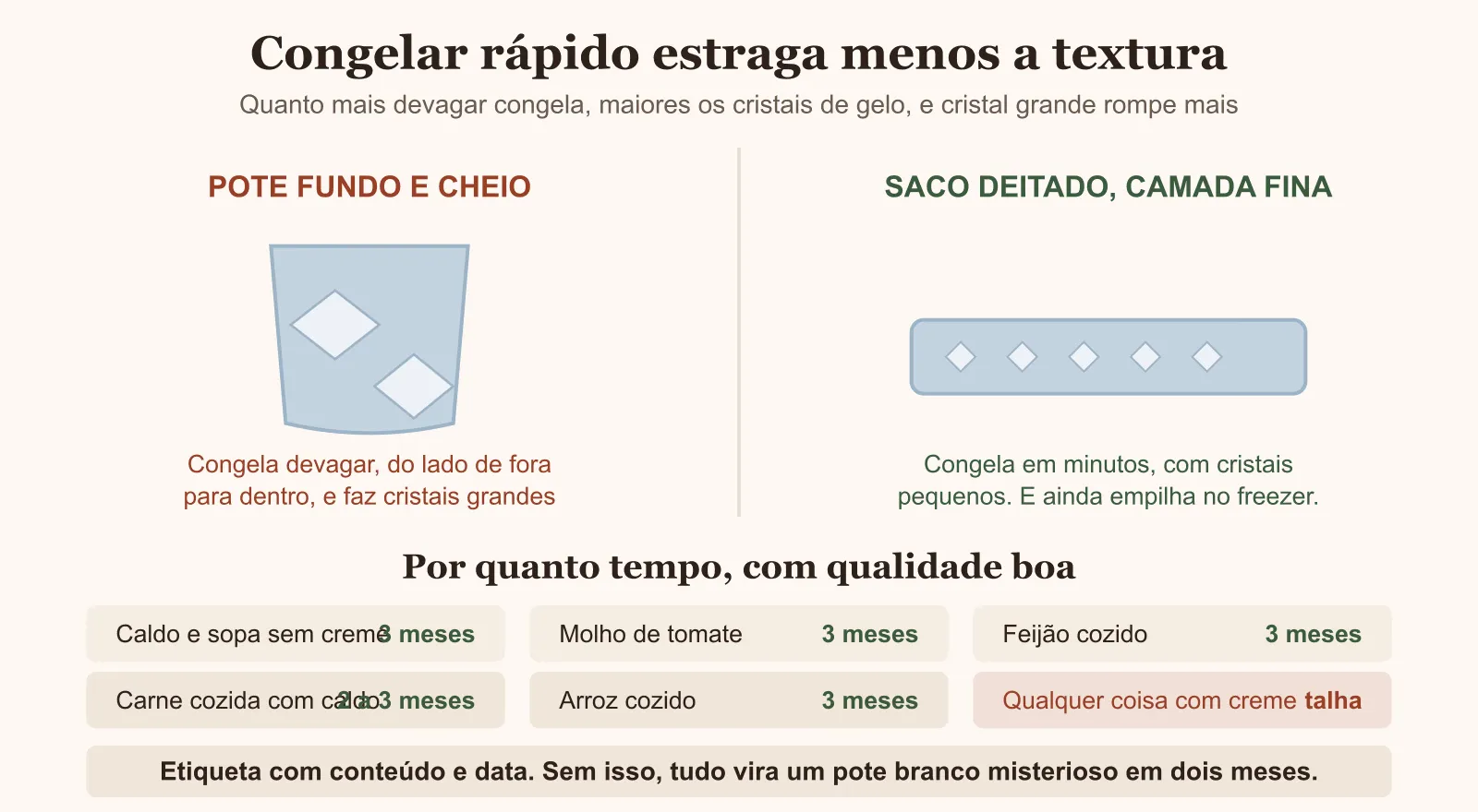 Diagrama comparando congelar em pote fundo e em camada fina, com a validade de cada preparo