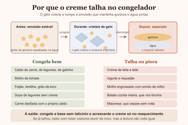 Diagrama mostrando o gelo rompendo a emulsão do creme e a gordura se separando da água