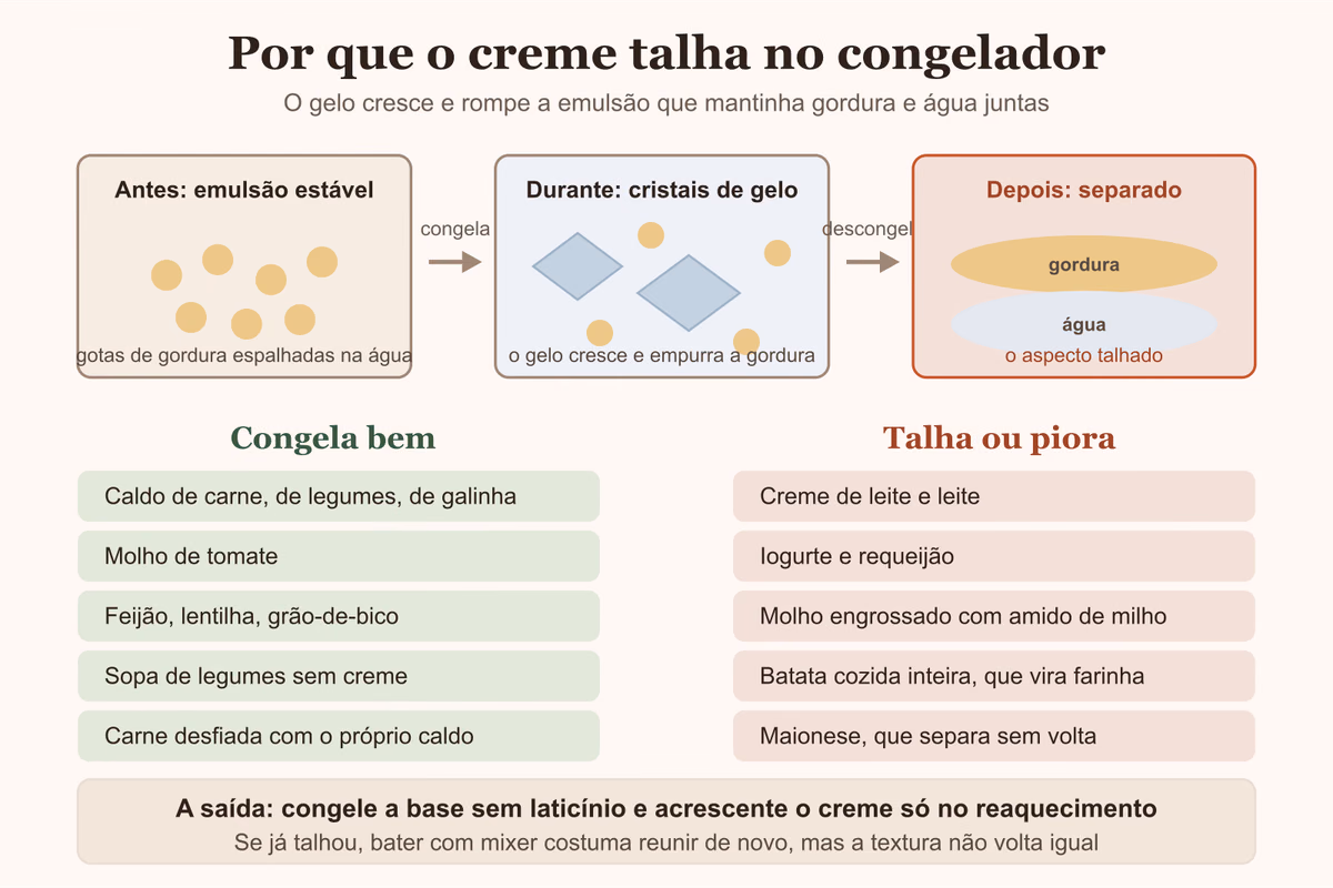 Diagrama mostrando o gelo rompendo a emulsão do creme e a gordura se separando da água