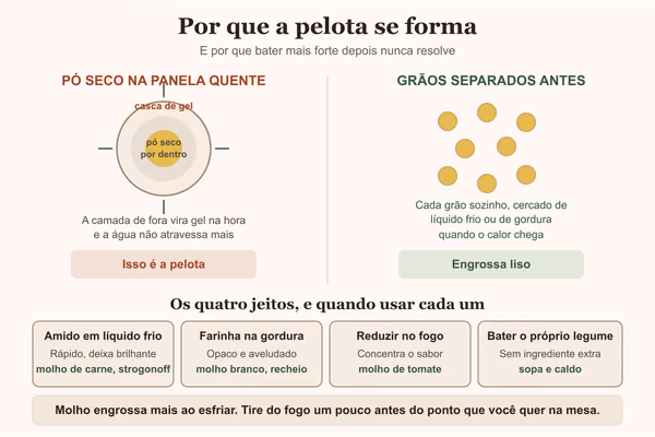 Diagrama mostrando por que o amido empelota e os quatro jeitos de engrossar sem pelota