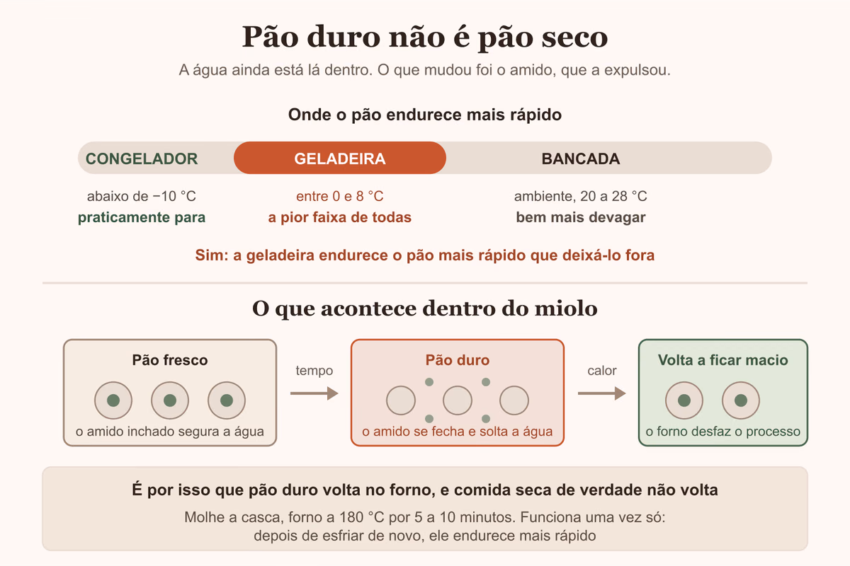 Diagrama mostrando por que o pão endurece na geladeira e como o amido expulsa a água do miolo