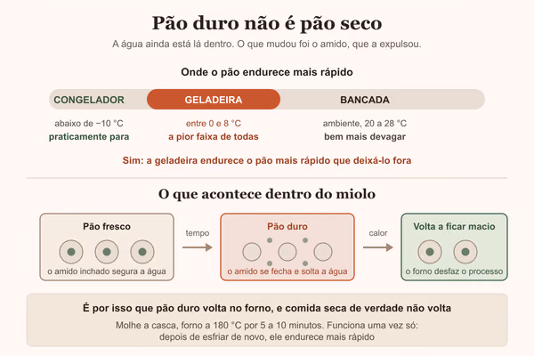 Diagrama mostrando por que o pão endurece na geladeira e como o amido expulsa a água do miolo