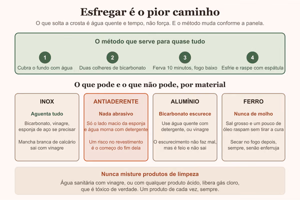 Diagrama do método de ferver com bicarbonato e o que pode em cada material de panela