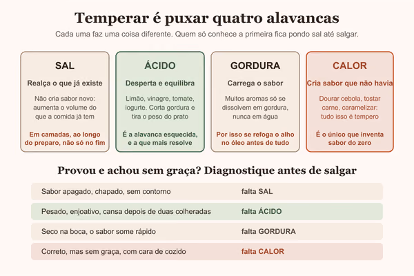 Diagrama das quatro alavancas do tempero: sal, ácido, gordura e calor, com o que cada uma faz