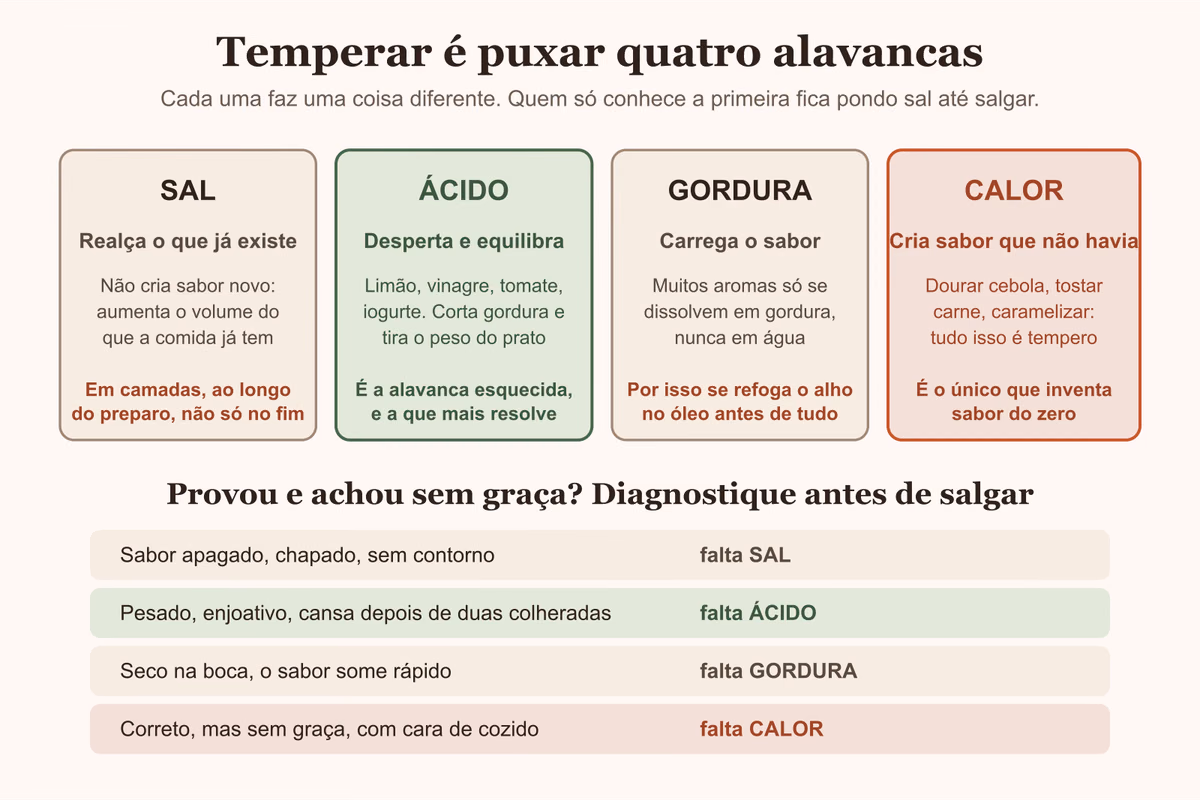Diagrama das quatro alavancas do tempero: sal, ácido, gordura e calor, com o que cada uma faz