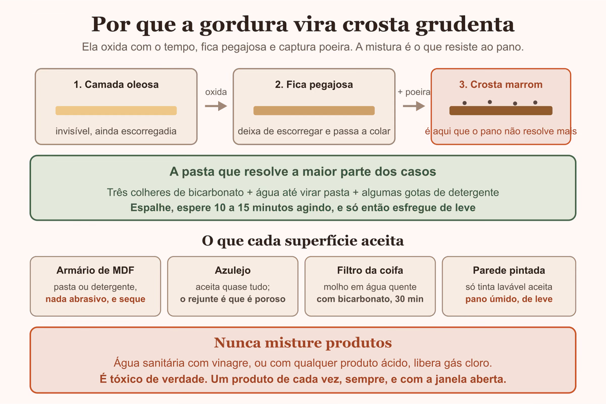 Diagrama da gordura virando crosta com poeira, e o que cada superfície da cozinha aceita