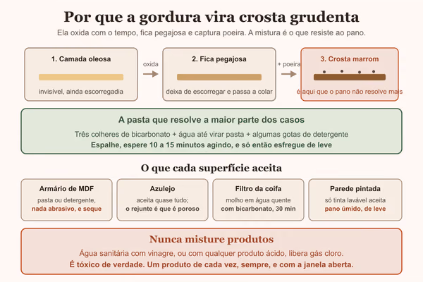 Diagrama da gordura virando crosta com poeira, e o que cada superfície da cozinha aceita
