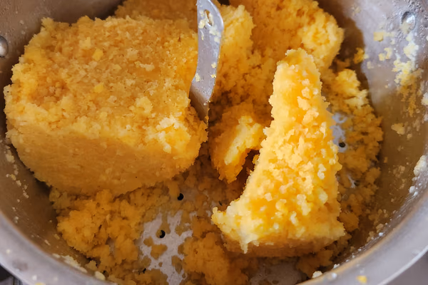 Cuscuz nordestino amarelo em pedaços dentro de uma cuscuzeira de alumínio