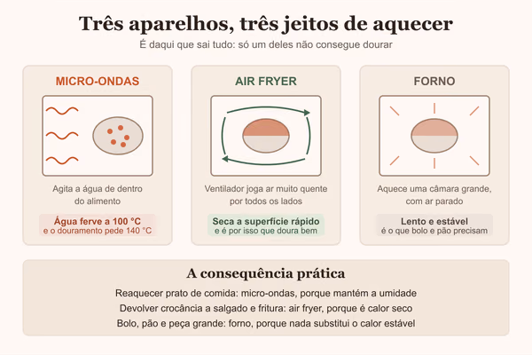Diagrama comparando como micro-ondas, air fryer e forno aquecem o alimento de formas diferentes