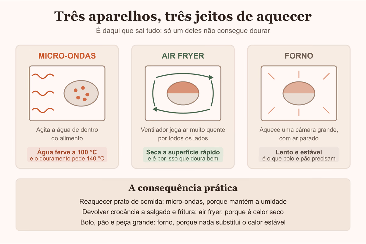Diagrama comparando como micro-ondas, air fryer e forno aquecem o alimento de formas diferentes
