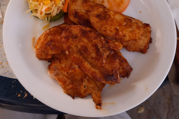 Filés de peito de frango grelhados e dourados em prato branco, com ervas por cima