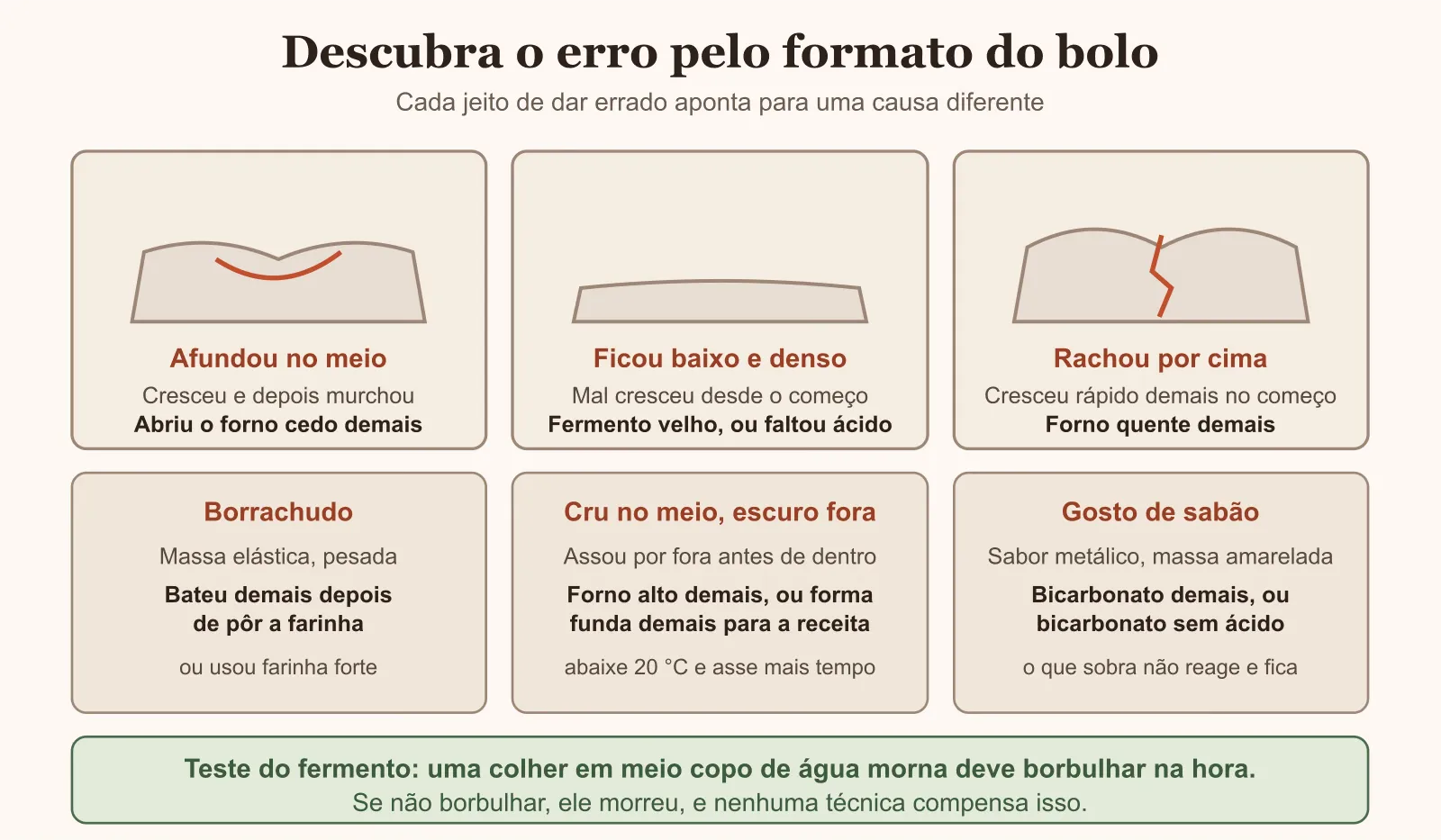 Diagrama para descobrir o erro do bolo pelo formato com que ele saiu do forno