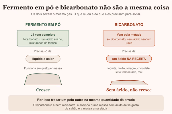 Diagrama comparando fermento em pó e bicarbonato, mostrando que o bicarbonato precisa de um ácido na receita