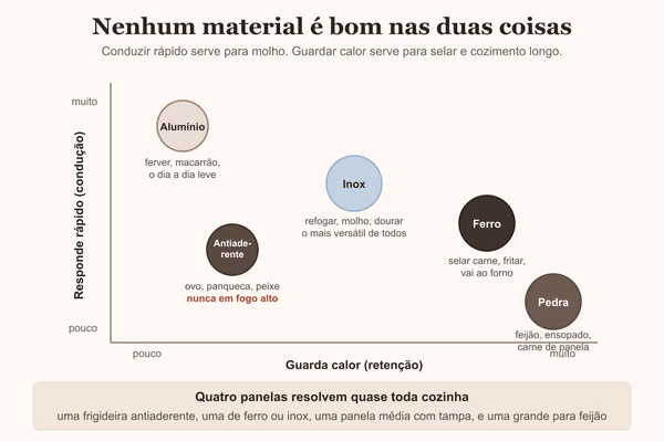 Diagrama posicionando cada material de panela por condução e retenção de calor, com o uso de cada um