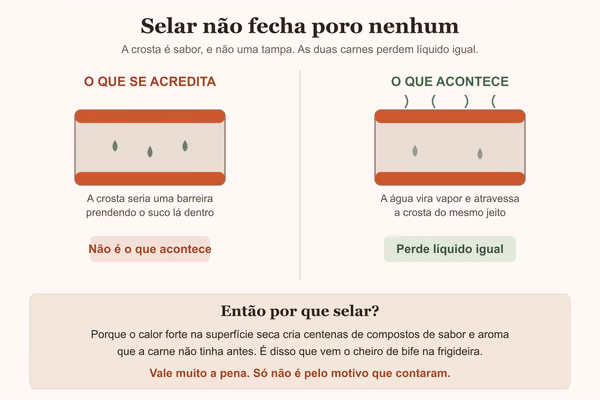 Diagrama mostrando que a crosta da carne selada não retém líquido, com o vapor atravessando mesmo assim