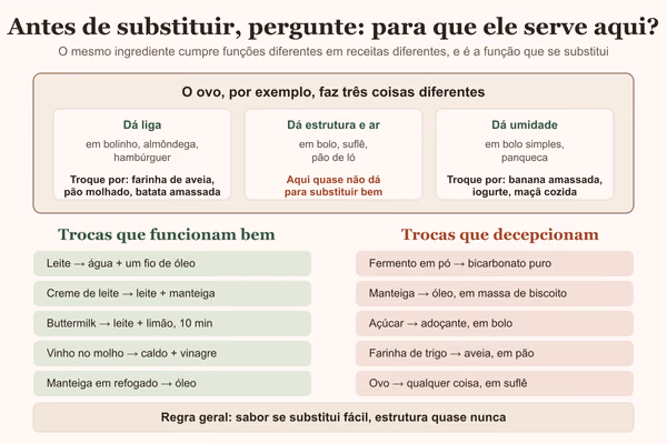 Diagrama mostrando as três funções do ovo numa receita e quais substituições funcionam