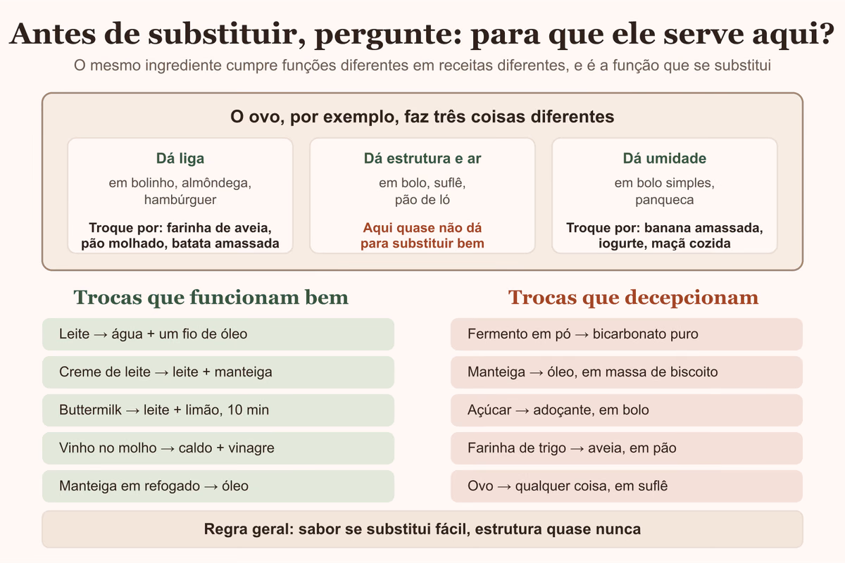 Diagrama mostrando as três funções do ovo numa receita e quais substituições funcionam