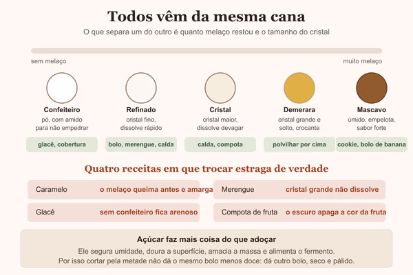 Diagrama dos tipos de açúcar por quantidade de melaço, com o uso de cada um e onde trocar estraga