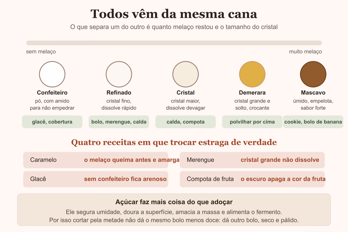 Diagrama dos tipos de açúcar por quantidade de melaço, com o uso de cada um e onde trocar estraga