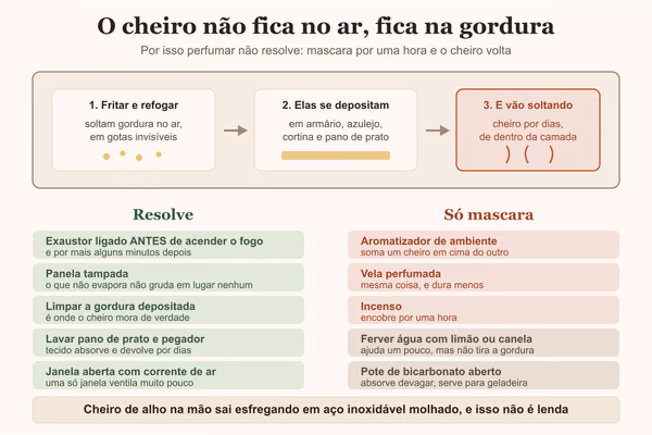 Diagrama mostrando o cheiro grudando na gordura depositada, e o que resolve contra o que só mascara